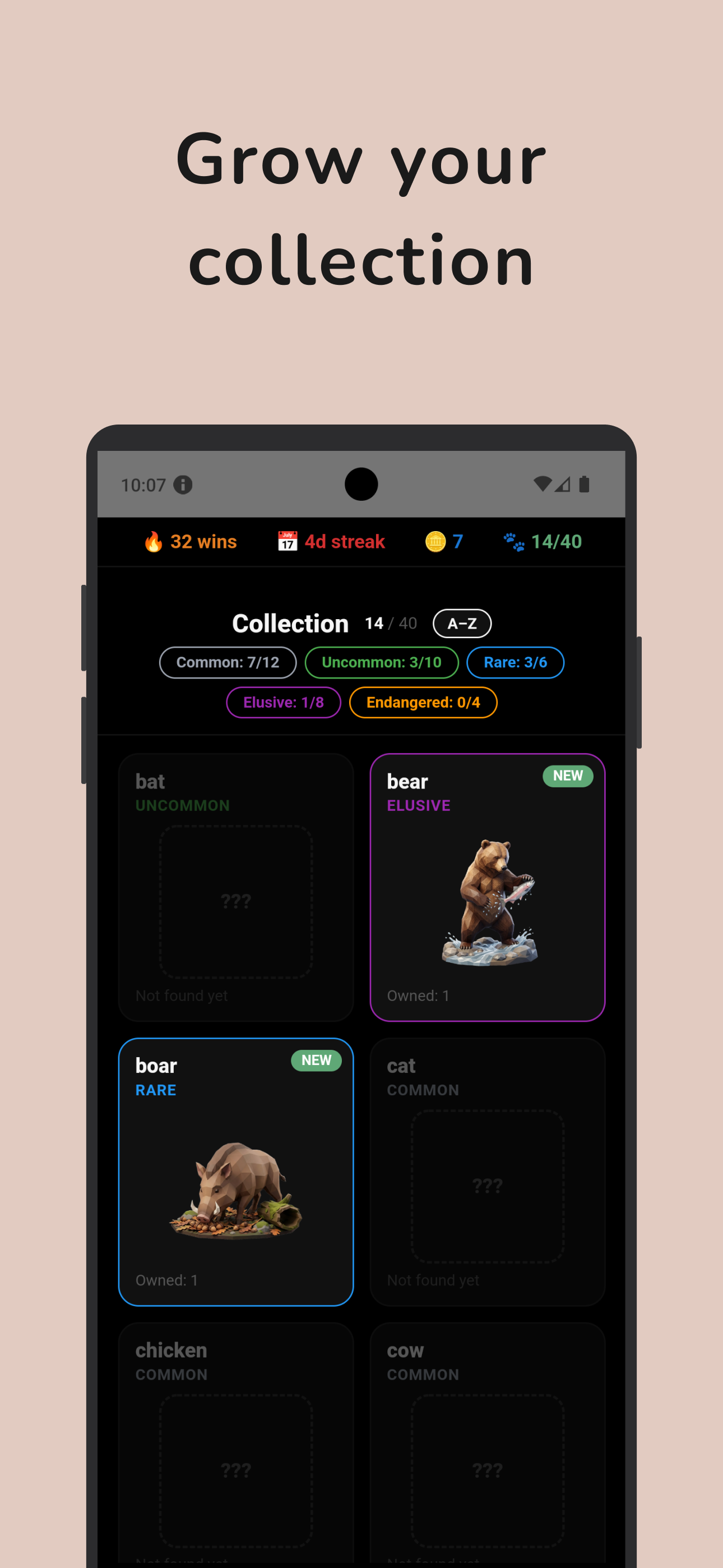 WildFocus collection screen — grow your animal collection