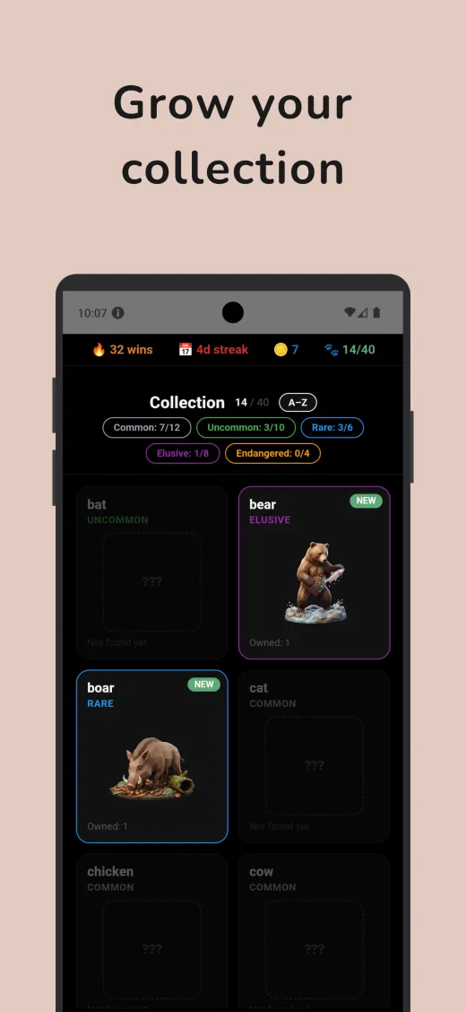 WildFocus collection screen — grow your animal collection