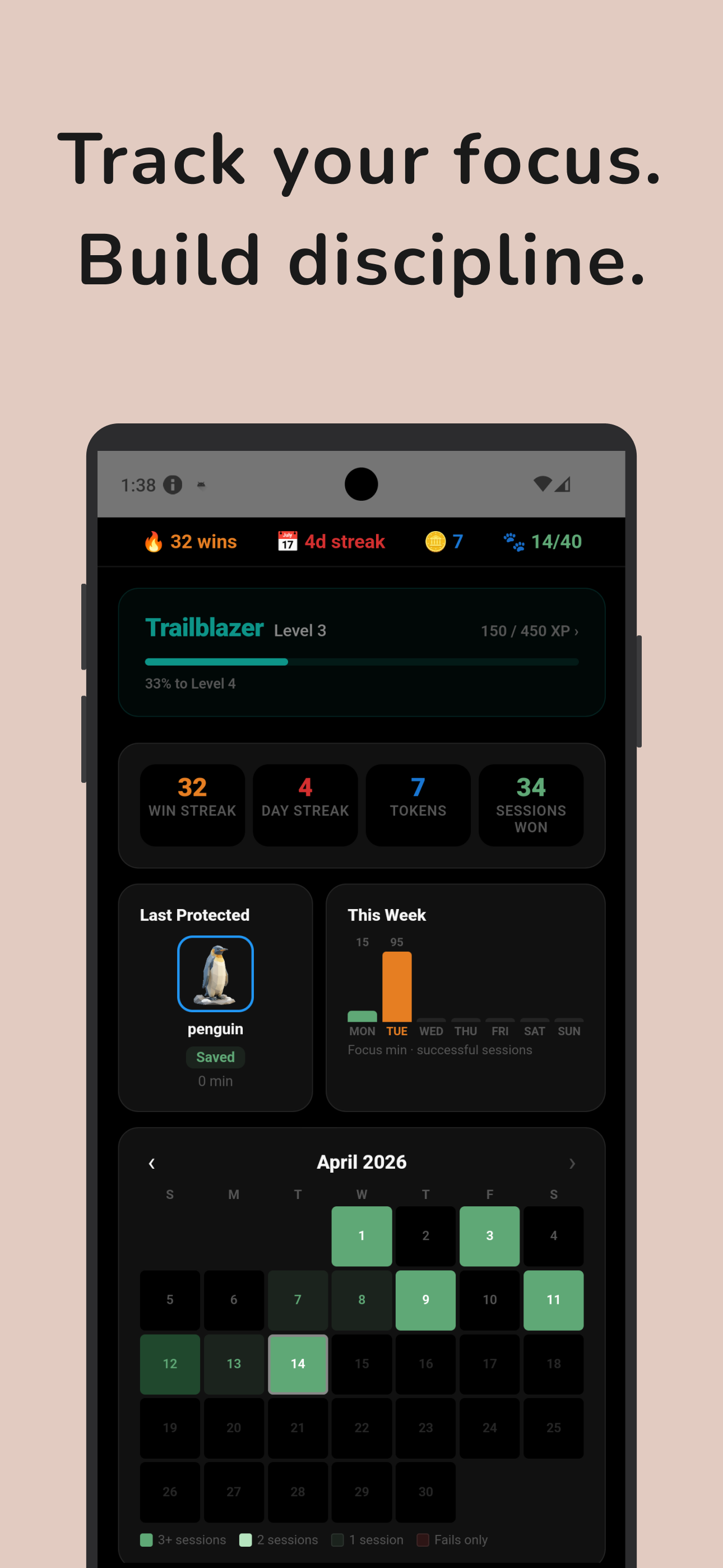 WildFocus progress screen — track your focus, build discipline