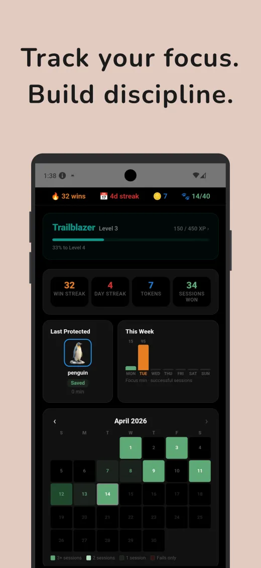 WildFocus progress screen — track your focus, build discipline