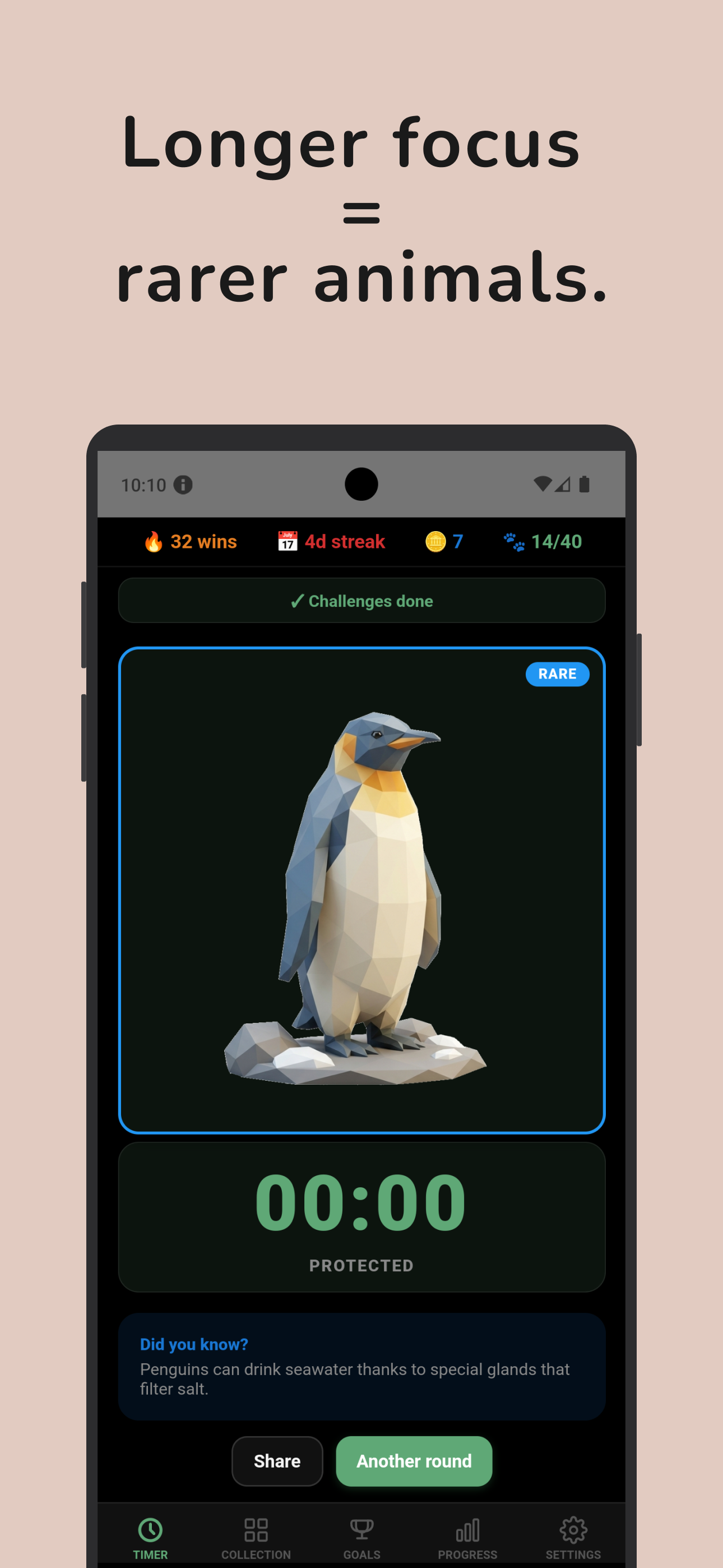 WildFocus rescue screen — longer focus earns rarer animals